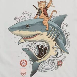 Threadless Vincent Trinidad Designs Cat Riding Shark Tee in Blue and off White